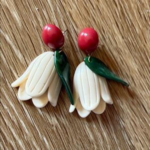Vintage 40s 50s Floral Drop Earrings with Red and Cream Accents